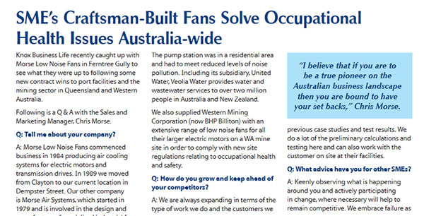 Knox Business Life Article - SME’s Craftsman-Built Fans Solve Occupational Health Issues Australia-wide